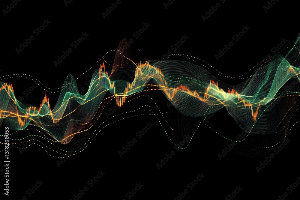 Poster dynamic abstract image featuring colorful digital waves and light trails on a black background. capt