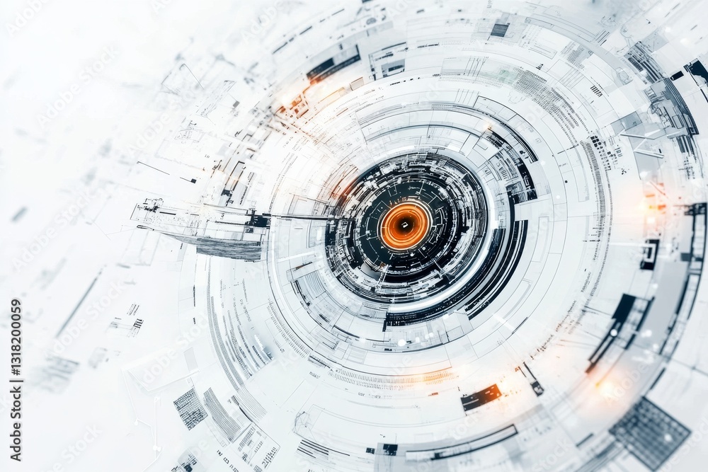 Poster this abstract digital technology concept features a circular design on a white background, illustrat