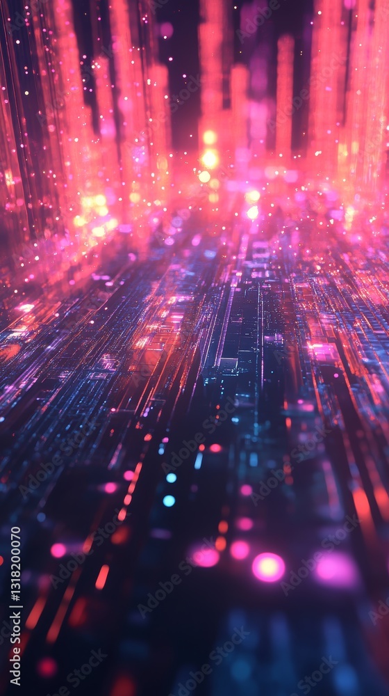 Poster a stunning abstract digital background featuring vibrant glowing lights and patterns, perfect for te