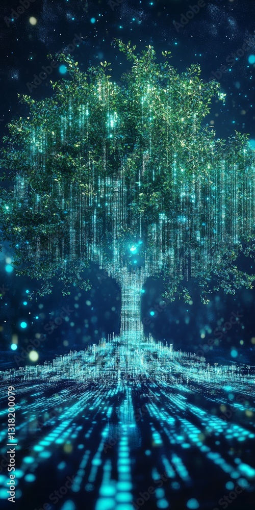 Poster digital tree with glowing data streams and light effects