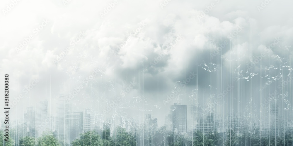 Poster a serene urban landscape depicting a cloudy sky with an abstract rain effect, blending nature with m