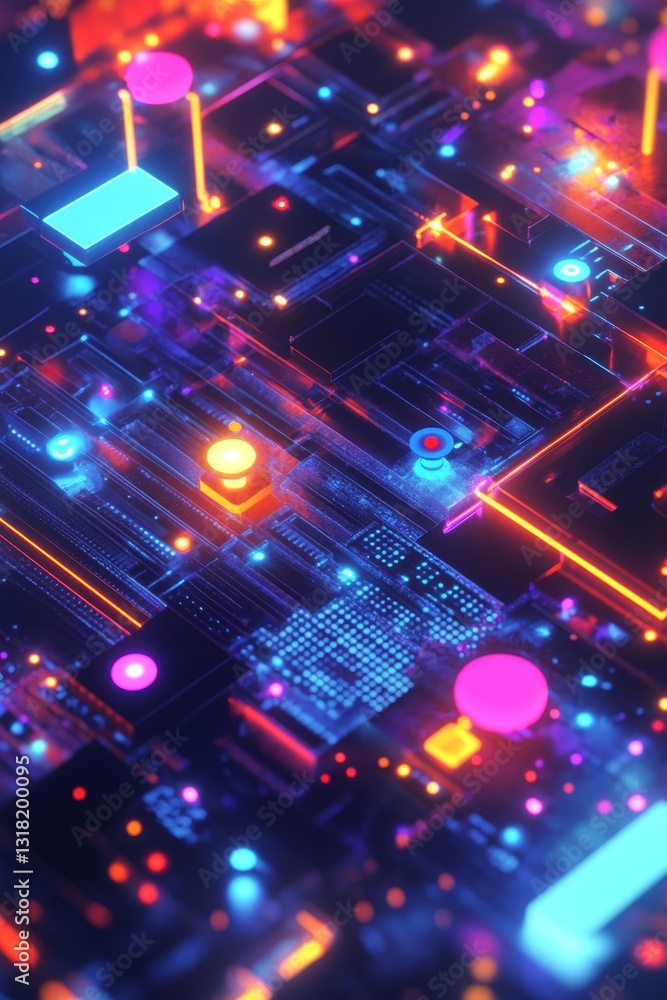 Poster this vivid abstract image showcases intricate circuitry patterns illuminated with luminous neon colo