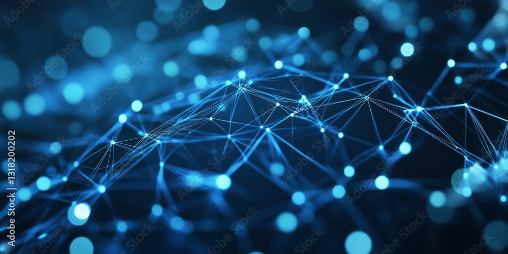 Poster explore an abstract representation of network connections featuring glowing blue lights and intricat
