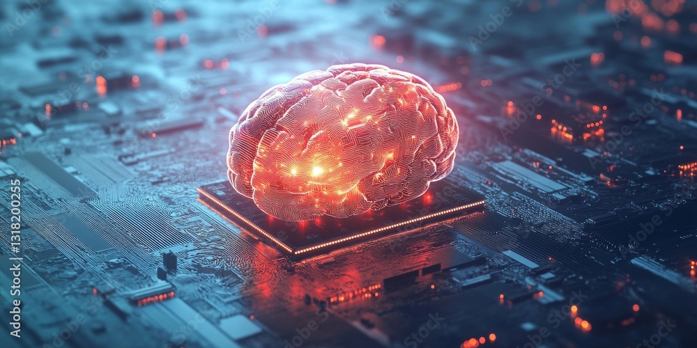 Poster stunning visual of a glowing ai processor chip atop a circuit board, set in a mesmerizing space envi
