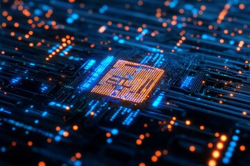 Obraz premium Vibrant abstract image showcasing a detailed AI computing power background. The striking glow of blue and orange lights represents advanced technology and innovation.
