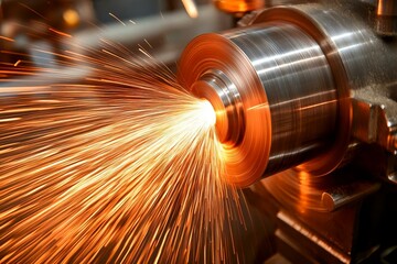 Sparkling Metal Working Process with Close-Up on Tool Action