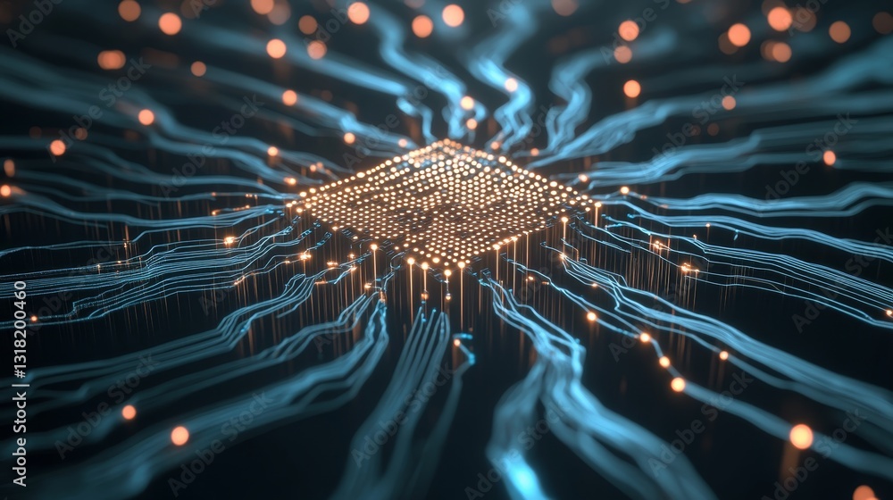 Poster a stunning abstract representation of a circuit board design, featuring glowing connections and line