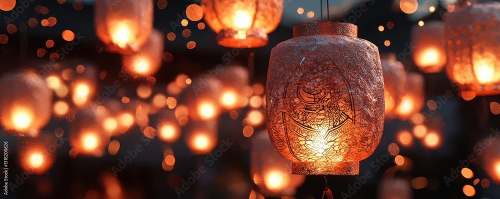 Poster a serene scene of glowing lanterns illuminating the night, creating a warm and enchanting atmosphere