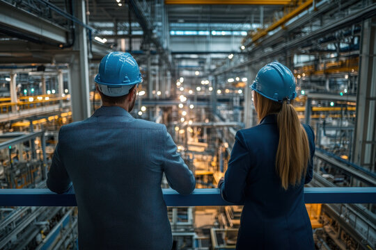 Two people in hard hats inspecting a factory.