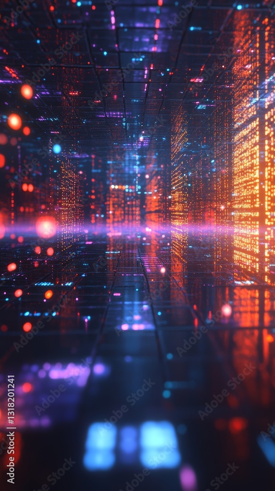 Poster a mesmerizing view of a futuristic digital space filled with glowing lights and intricate patterns. 
