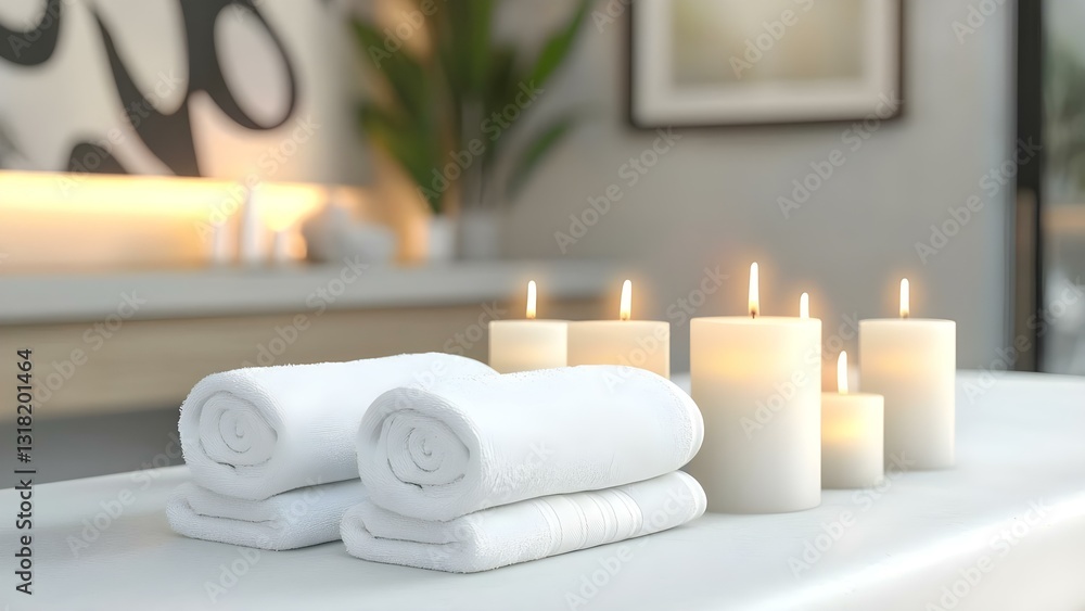 Poster rolled white towels and lit candles arranged on a table, creating a tranquil and relaxing atmosphere