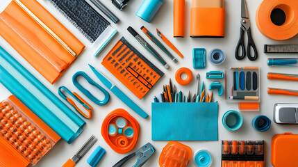 Orange blue stationery supplies flatlay