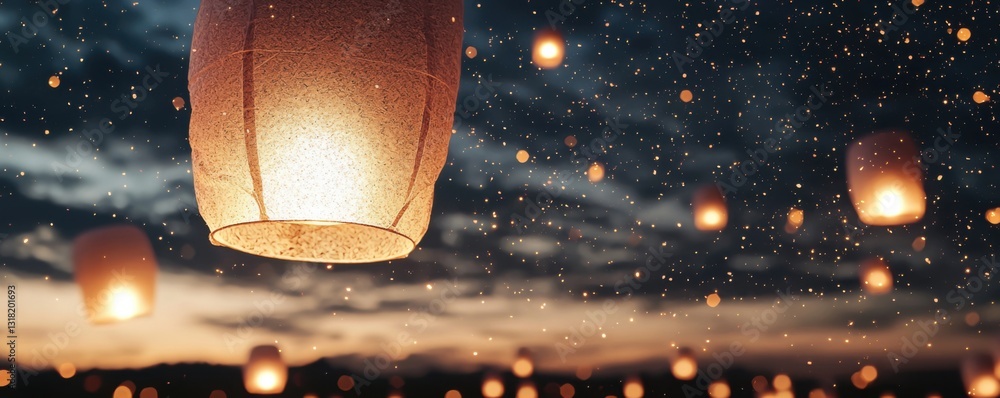 Poster a serene night scene with illuminated lanterns floating against a twilight sky, creating a magical a