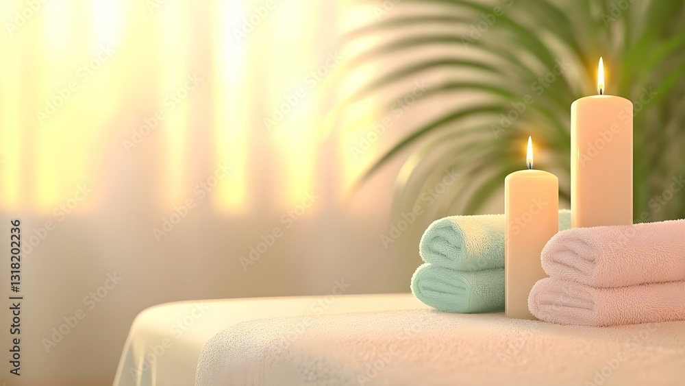 Poster a serene spa setting with two lit candles and neatly stacked towels, complemented by soft lighting a