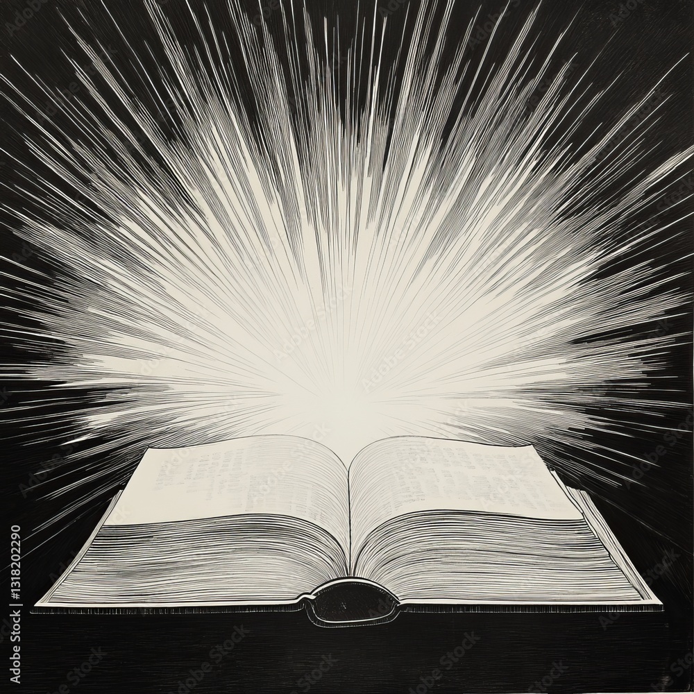 Poster a book is open to a page with a white line on it. the page is filled with white lines, and the book 