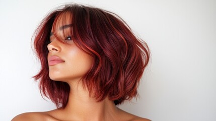Naklejka premium Burgundy Balayage Hair Woman s Medium Wavy Bob Hairstyle