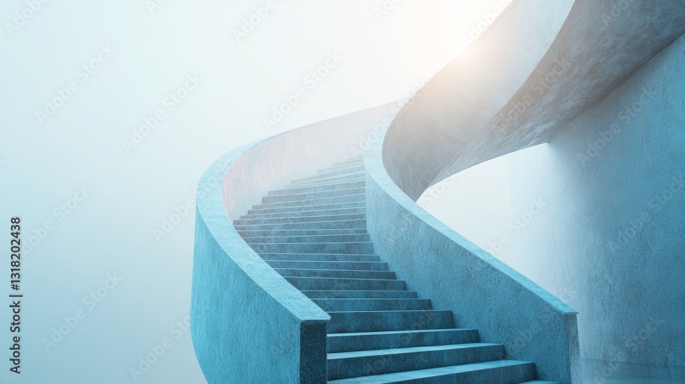 Poster an abstract view of a spiral staircase illuminated with soft light, creating a tranquil and minimali