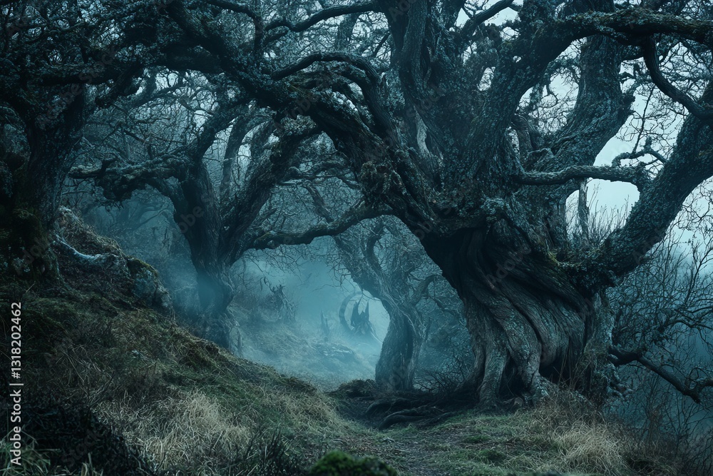 Poster a captivating view of a misty forest filled with twisted trees under a dark sky, creating an eerie y