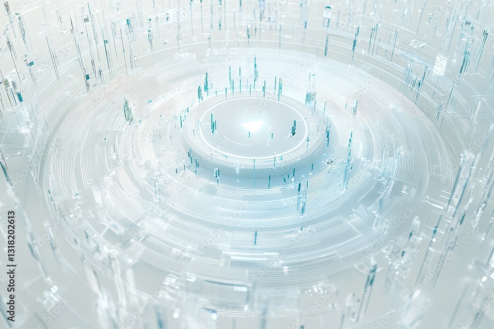 Poster explore an abstract digital landscape featuring transparent structures and glowing lights, creating 