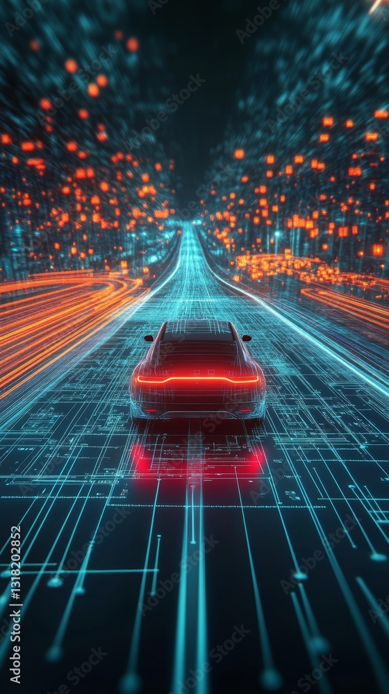 Poster a futuristic car moves along a digital highway, illuminated by vibrant neon lights and intricate dat