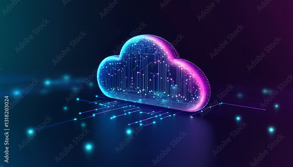 Poster cloud with circuit connectivity: a cloud icon integrated with circuits, representing advanced cloud 