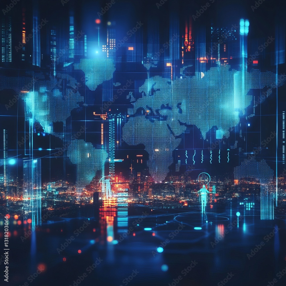 Poster global digital network visualization: a futuristic world map of cyber connections