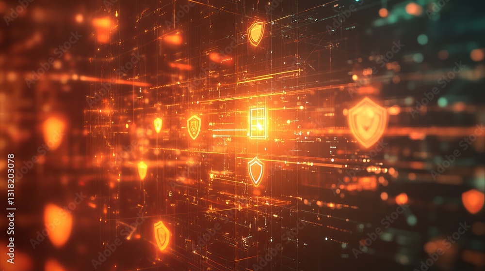Poster this abstract image illustrates data security in iot systems, featuring glowing elements, shields, a
