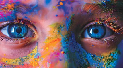 a girl with blue eye color and Holi color on face