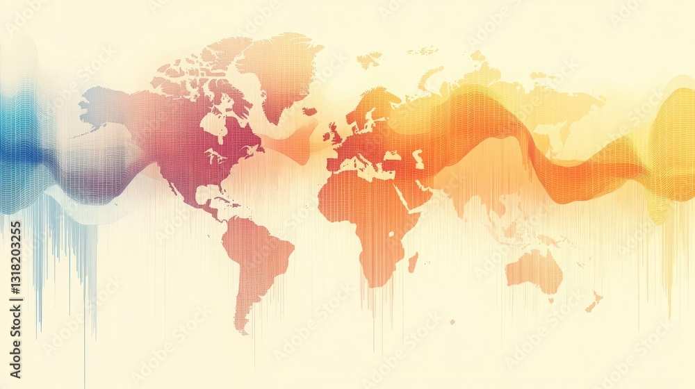 Poster world map graphic with fluid color waves and subtle textured effect