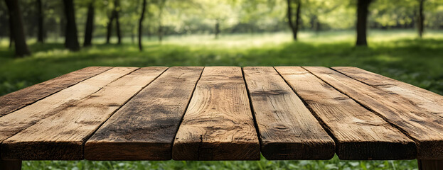 Wooden table, park, green background, nature