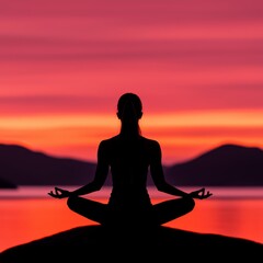 Woman Meditating at Sunset Silhouette Peaceful Yoga Pose