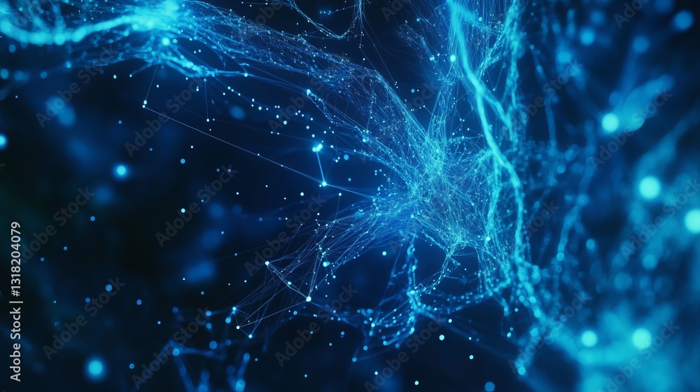 Poster explore an abstract visual representation featuring blue connections and data patterns, symbolizing 