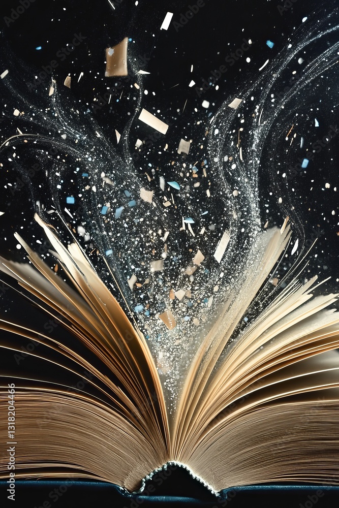 Poster a book is open to a page with a lot of paper scattered around it