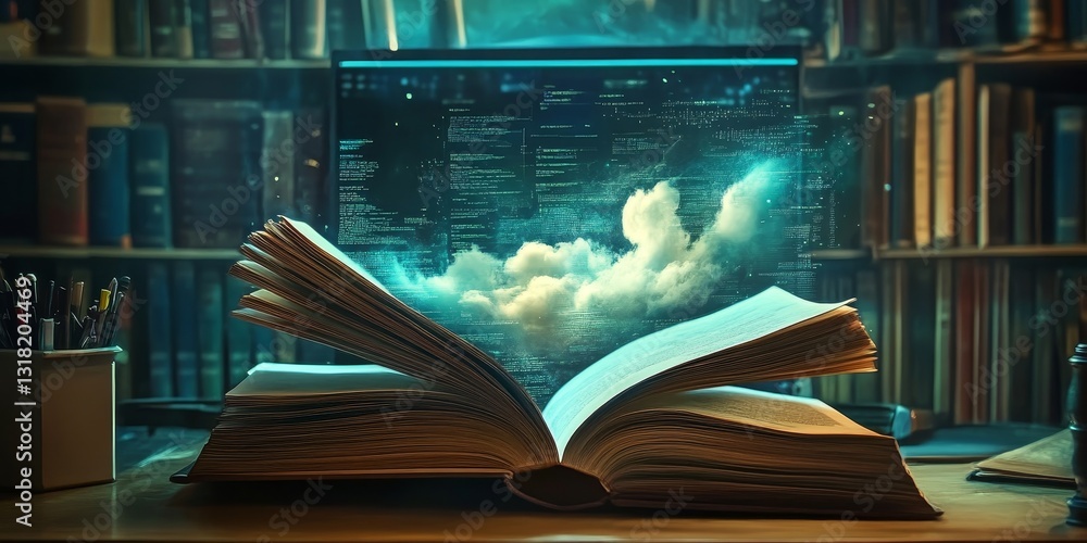 Poster open book with digital clouds emerging from computer screen