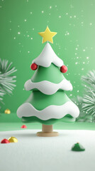 Fototapeta premium Stylized Christmas tree with snow and ornaments on a green background