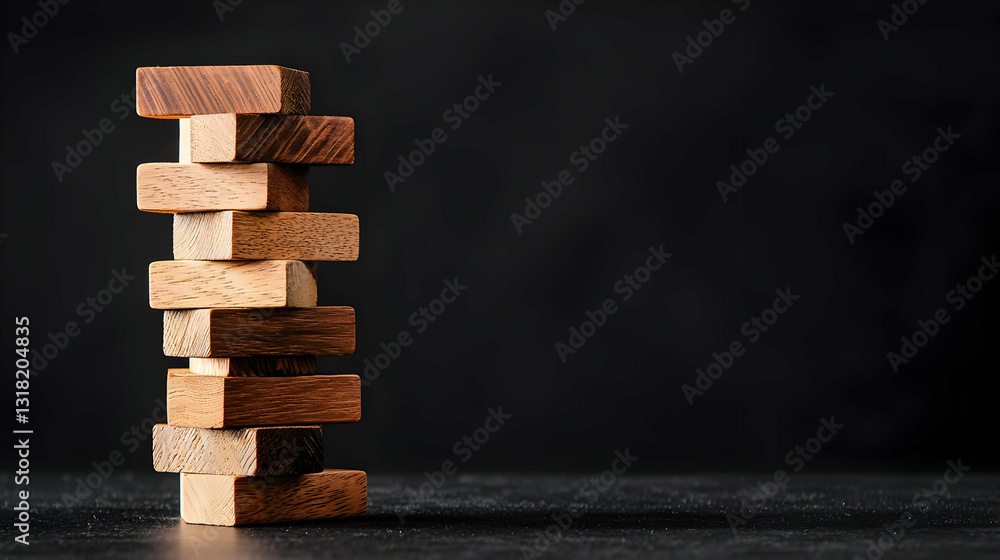 Poster precariously balanced tower of wooden blocks on a dark textured background with copy space