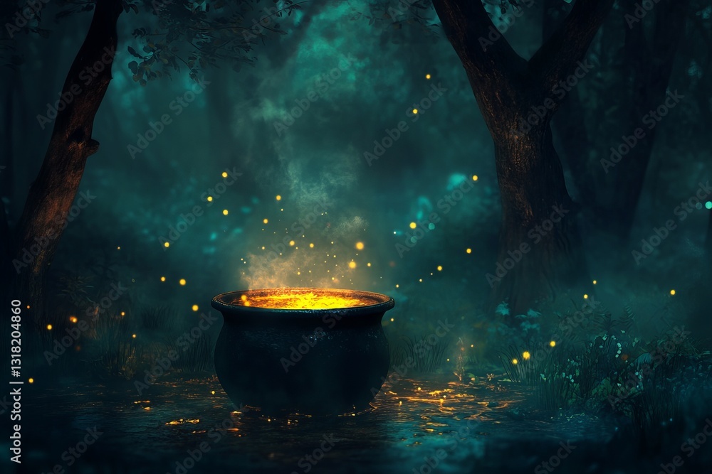 Poster a mesmerizing cauldron glows in a mysterious forest, surrounded by floating fireflies and mist. the 