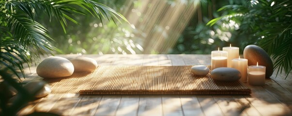 A serene spa setting with candles and natural elements