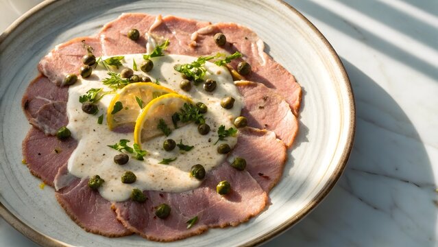 Classic Vitello Tonnato with tender veal slices in creamy tuna sauce, garnished with capers and lemon.
