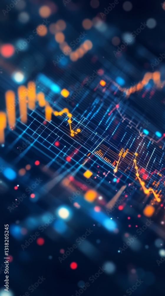 Poster colorful abstract visualization of financial data trends with graphs and charts. ideal for illustrat