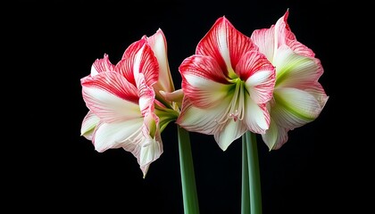 Fototapeta premium Amaryllis Double Bloom Pink and White Bulbs Beautiful Holiday Flower Arrangement on Black Background ,