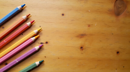 Diagonal crayons on wooden table creating a colorful pattern with natural texture contrast