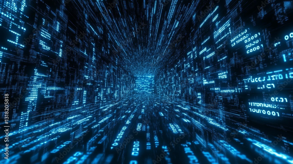 Poster a dynamic digital scene showcasing a vibrant blue data stream, creating a sense of speed and depth. 