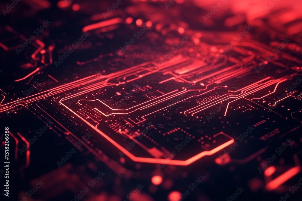 Poster a close up of a red electronic circuit board. the image is in black and white and the red color is e