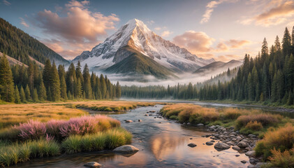 Scenic River Meadow with Snow-Capped Mountain Backdrop
