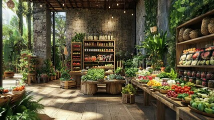 Vibrant indoor market filled with fresh produce and lush greenery in a natural setting