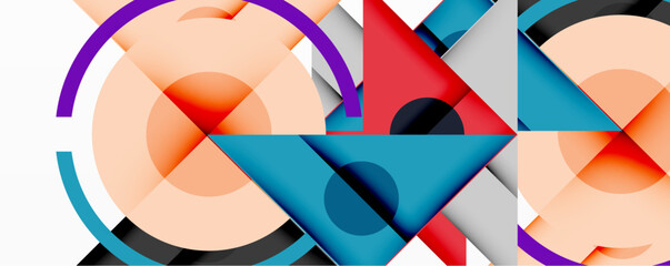 Obraz premium Abstract geometric composition with intersecting triangles, circles, and gradients, creating a dynamic layered pattern with depth and contrast