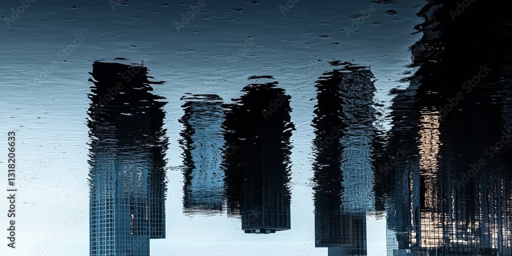 Poster this artistic capture features urban skyscrapers reflected in calm water, creating a serene abstract