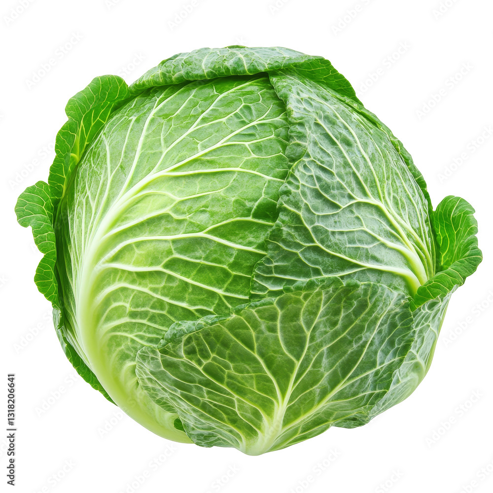 Poster fresh green cabbage resting on a clean transparent background highlighting its texture and vibrant c