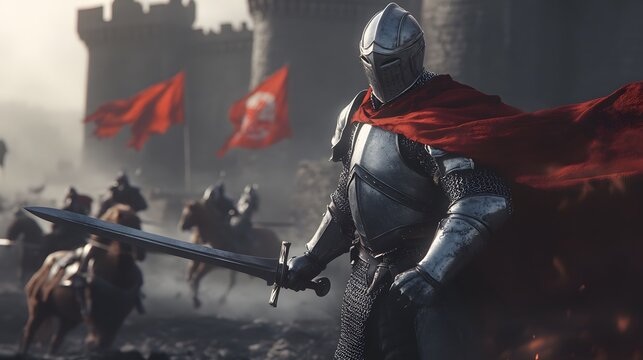 Knight in Battle: A valiant knight, armored and ready, stands amidst the clash of steel, commanding his troops in a historic battle. With determination, he faces the enemy